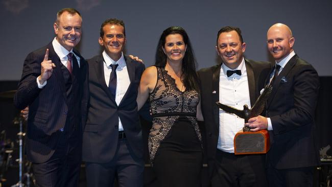 A line up of leading Domino’s figures: left to right CEO Don Meij, Brett Moore, Melissa Burness, new Australia and NZ CEO David Burness, and the man he replaced, Nick Knight.