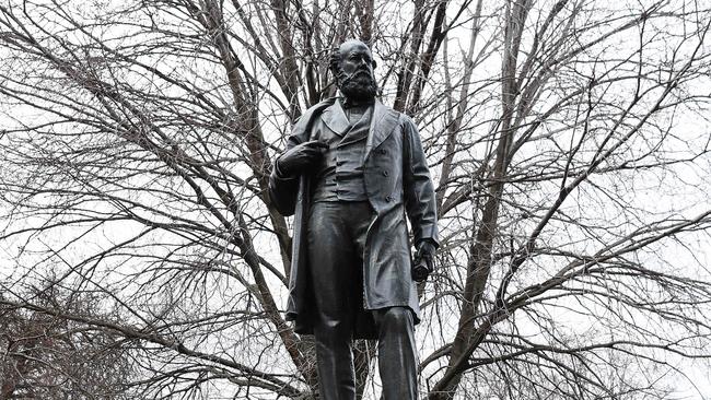 Sign placed at the William Crowther statue in Franklin Square Hobart. Picture: Nikki Davis-Jones