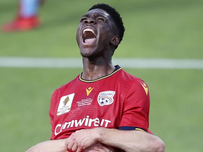 Adelaide United striker Al-Hassan Toure celebrates his first half goal. Picture: Sarah Reed