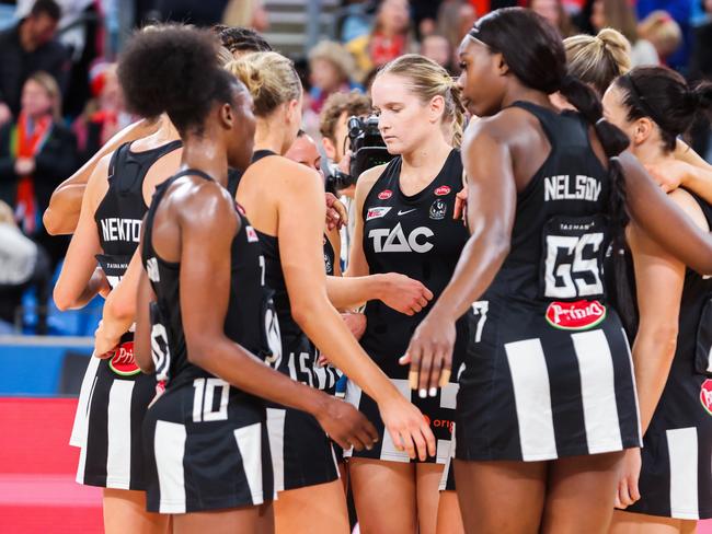 SYDNEY, AUSTRALIA - MAY 21: Magpies huddle after their loss during the round 10 Super Netball match between NSW Swifts and Collingwood Magpies at Ken Rosewall Arena, on May 21, 2023, in Sydney, Australia. (Photo by Jenny Evans/Getty Images)