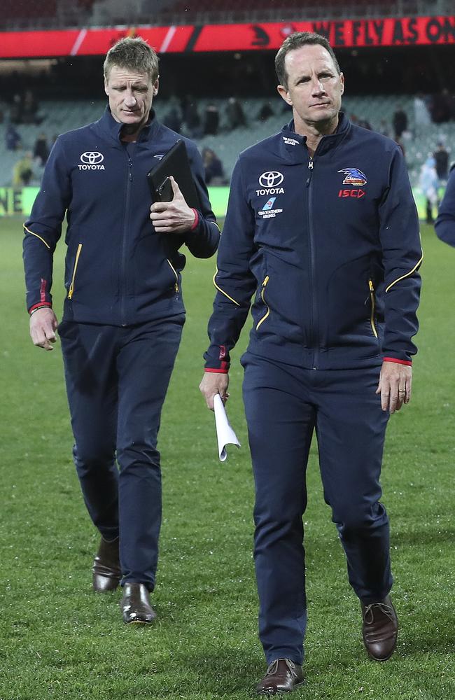 Adelaide Crows assistant coach Brett Burton and senior coach Don Pyke after the loss on Saturday night. Picture: SARAH REED