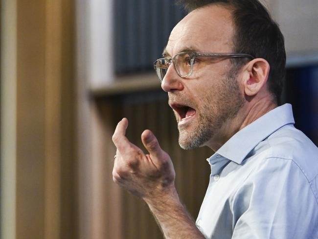 CANBERRA, Australia - NewsWire Photos - August 28, 2024: Adam Bandt, Australian Greens Leader addresses the National Press Club of Australia in Canberra on "The Greens' plan to take on corporate greed and build a better life for all of us". Picture: NewsWire / Martin Ollman