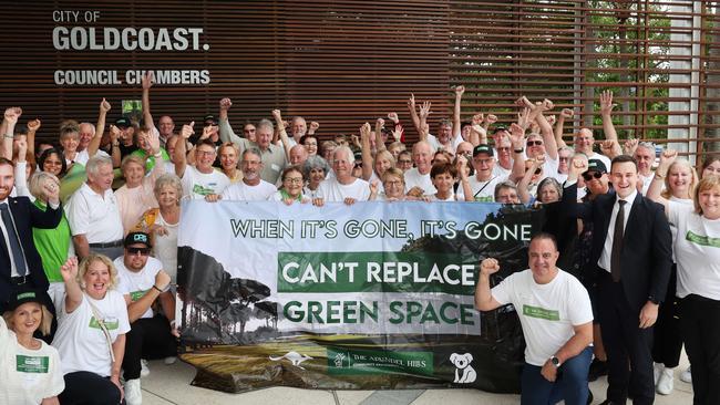 Arundel residents outside Gold Coast City Council Chambers celebrating after a special meeting of Councillors today voted to scrap Arundel golf club plans. Picture Glenn Hampson