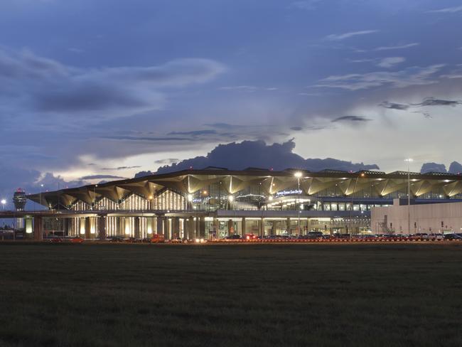 Saint-Petersburg, Russia - August 13, 2014: A new passenger terminal building of the international airport, Pulkovo 1, night view.