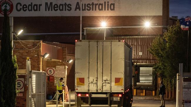 Incoming delivery: A truck arrives at Cedar Meats today. Picture: Darrian Traynor/Getty Images