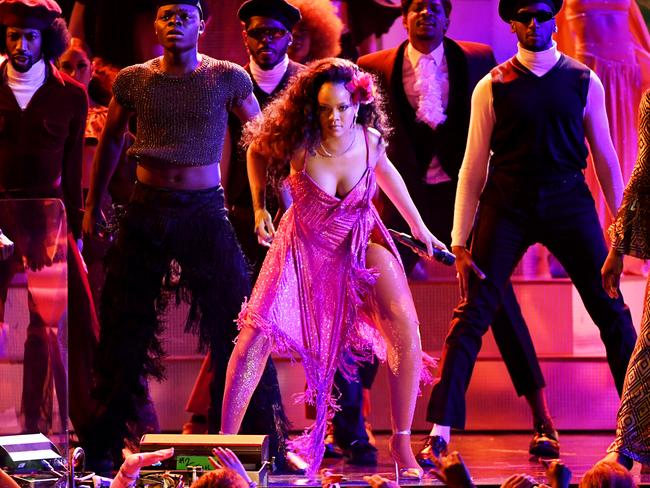 Rihanna performs onstage during the 60th Annual GRAMMY Awards. Picture: Getty