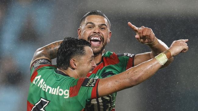 SYDNEY, AUSTRALIA - MAY 09: LatrellÃÂ Mitchell of the Rabbitohs celebrates with team mates after scoring a try during the round 10 NRL match between the South Sydney Rabbitohs and Brisbane Broncos at Accor Stadium on May 09, 2025, in Sydney, Australia. (Photo by Darrian Traynor/Getty Images)