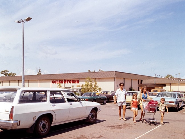 A family leaves Casuarina Square via the outdoor carpark in 1975.