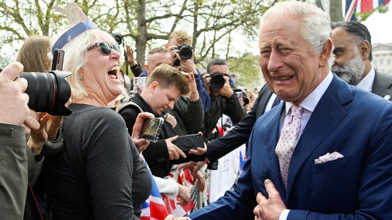 King Charles III meets wellwishers during a walkabout on the Mall outside Buckingham Palace ahead of his coronation. Picture: Toby Melville – WPA Pool/Getty Images