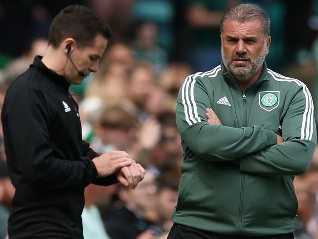 GLASGOW, SCOTLAND - JULY 16: Celtic manager Ange Postecoglou looks on during the Pre-Season Friendly match between Celtic and Blackburn Rovers on July 16, 2022 in Glasgow, Scotland. (Photo by Ian MacNicol/Getty Images)