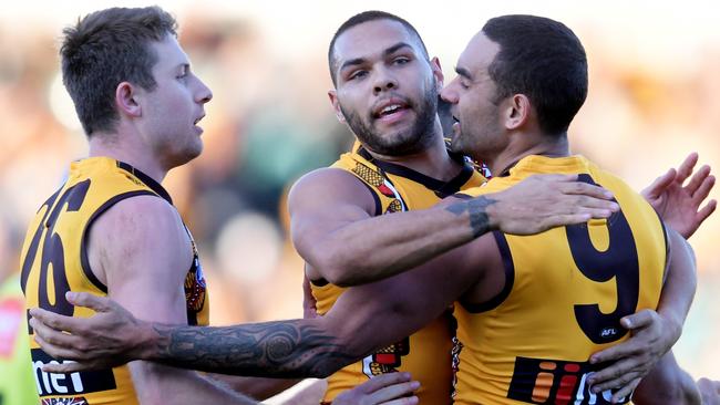 Shaun Burgoyne celebrates after kicking a goal against the Power. Picture: AAP Images