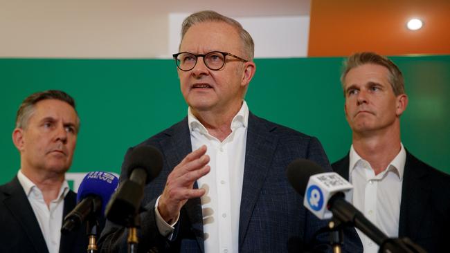 Prime Minister Anthony Albanese with Health Minister Mark Butler and Parramatta MP Andrew Charlton at the Westmead Medicare Urgent Care Clinic in Sydney on Sunday. Picture: Nikki Short