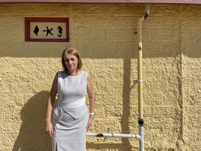 Townsville Mayor Jenny Hill stands next to the repairs and fresh damage to the Pallarenda Freemasons Park toilets. Picture: TCC.