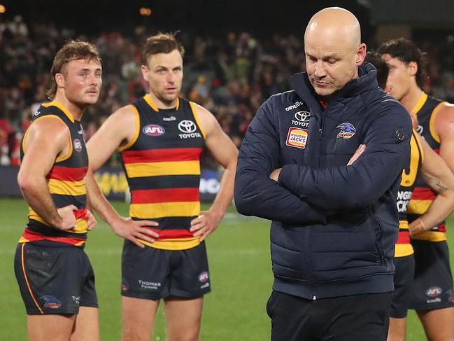 ADELAIDE, AUSTRALIA - AUGUST 19: Matthew Nicks, Senior Coach of the Crows after the loss during the 2023 AFL Round 23 match between the Adelaide Crows and the Sydney Swans at Adelaide Oval on August 19, 2023 in Adelaide, Australia. (Photo by Sarah Reed/AFL Photos via Getty Images)