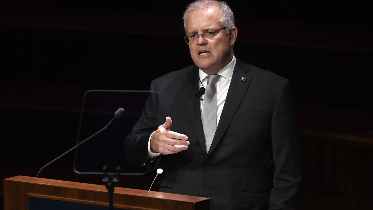 Scott Morrison speaking at Sydney’s Town Hall on Thursday night. Picture: Bianca De Marchi/AAP