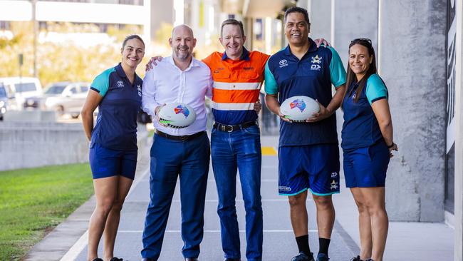 (L-R) Cowboys NRLW Player China Polata, Cowboys CEO Jeff Reibel, Bravus Mining and Resources COO Mick Crowe, Cowboys NRLW Head Coach Ricky Henry, and Head of NRLW &amp; Women's Elite Pathways Anita Creenaune.