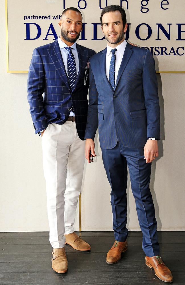 Former premiership Hawk Josh Gibson and Melbourne’s Jordan Lewis at Caulfield Cup Day. Picture: Mark Stewart