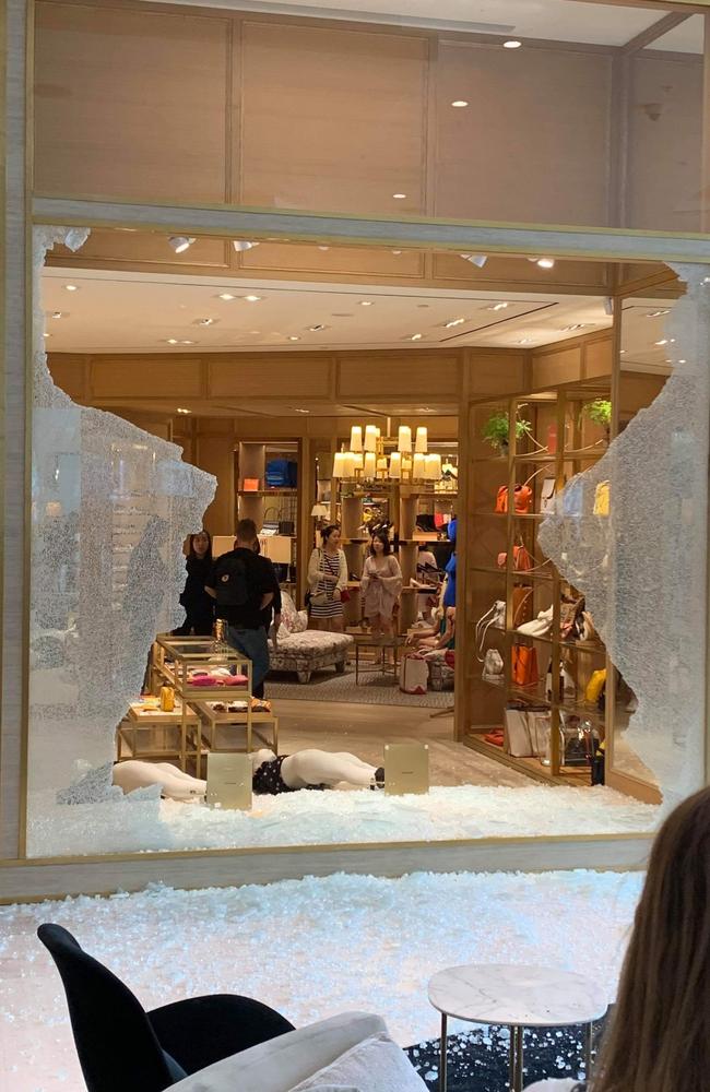 The shattered window at the Tory Burch at Westfield Bondi Junction. Picture: Daily Telegraph