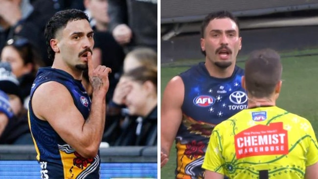 Izak Rankine quietens the crowd and then questions the umpire. Photos: Getty Images/Fox Sports