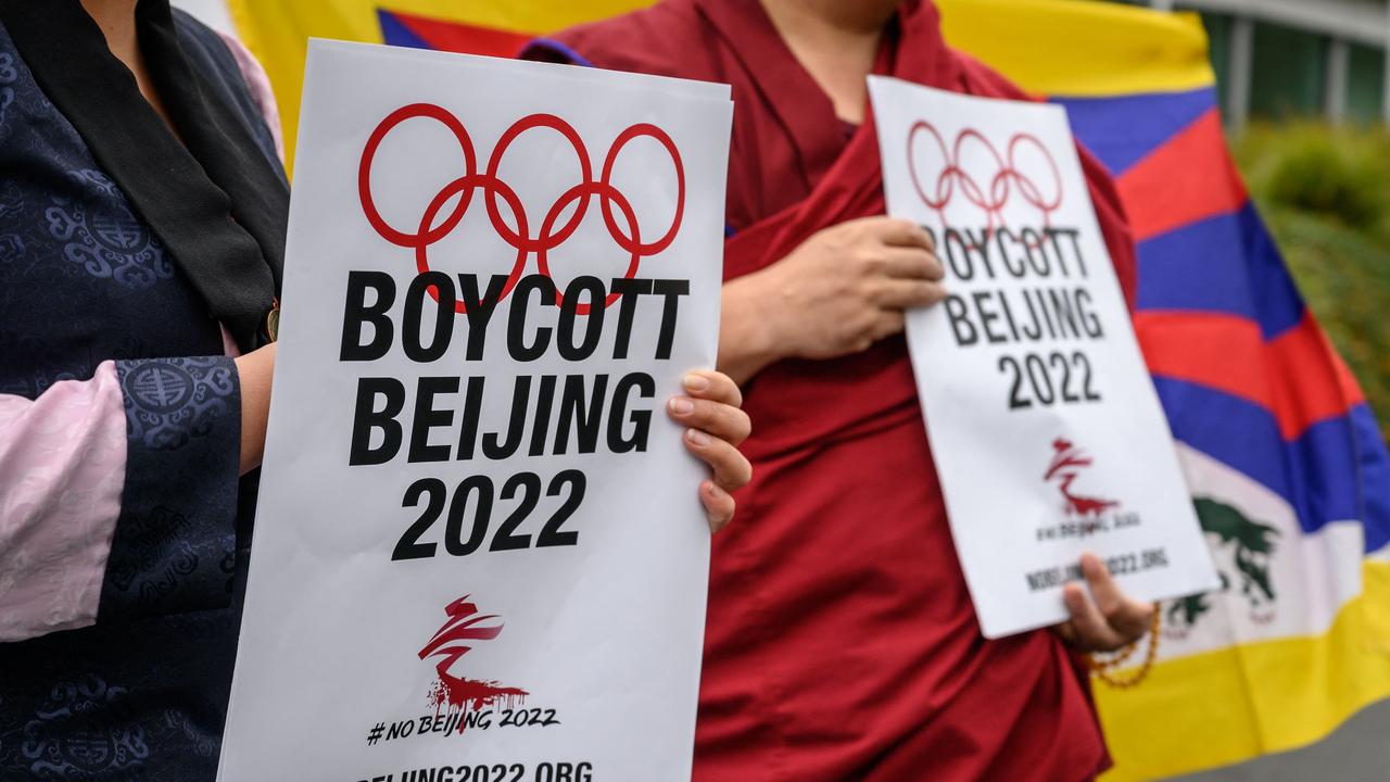 Activists around the world, including these Tibetan activists in Switzerland, are pushing for a boycott of the Beijing Winter Olympics. Picture: Fabrice Coffrini / AFP