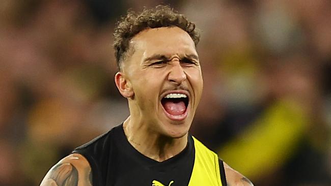 MELBOURNE, AUSTRALIA – JUNE 15: Shai Bolton of the Tigers celebrates kicking a goal during the round 14 AFL match between Richmond Tigers and Hawthorn Hawks at Melbourne Cricket Ground on June 15, 2024 in Melbourne, Australia. (Photo by Graham Denholm/Getty Images)