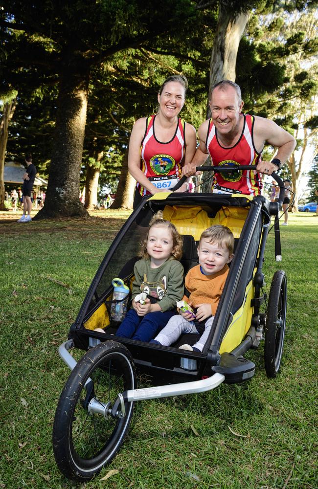 Olivia and Chris Haire with their kids Evie and Joy at Peak2Park fun run, Sunday, March 2, 2025. Picture: Kevin Farmer