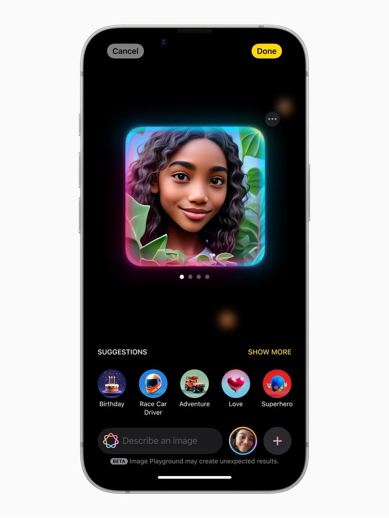 The iPhone 16e includes the Image Playground tool, where users can turn themselves into avatars. Picture: Apple