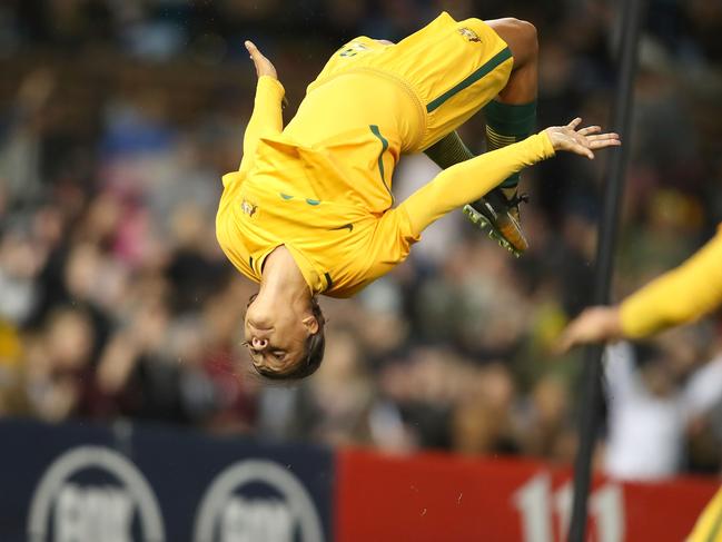 Sam Kerr celebrates scoring for the Matildas against Brazil in Newcastle last year. Picture: Getty Images