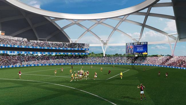 An artist’s impression showing one of two designs for the proposed AFL stadium for the Darwin CBD. Picture: Supplied