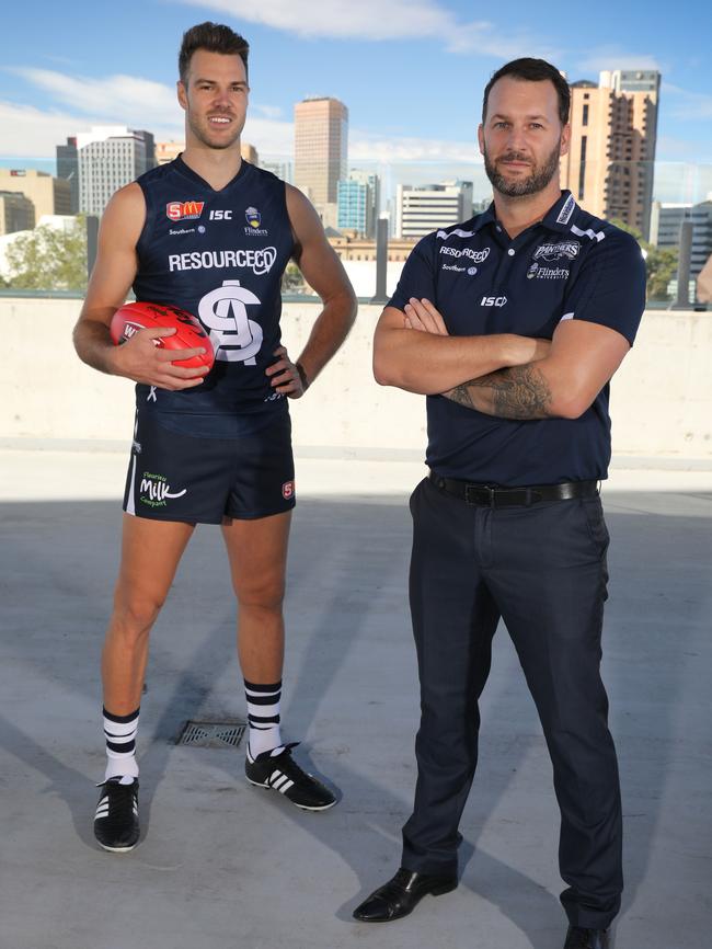 South Adelaide coach Jarrad Wright, right, and ruckman/forward Keegan Brooksby.