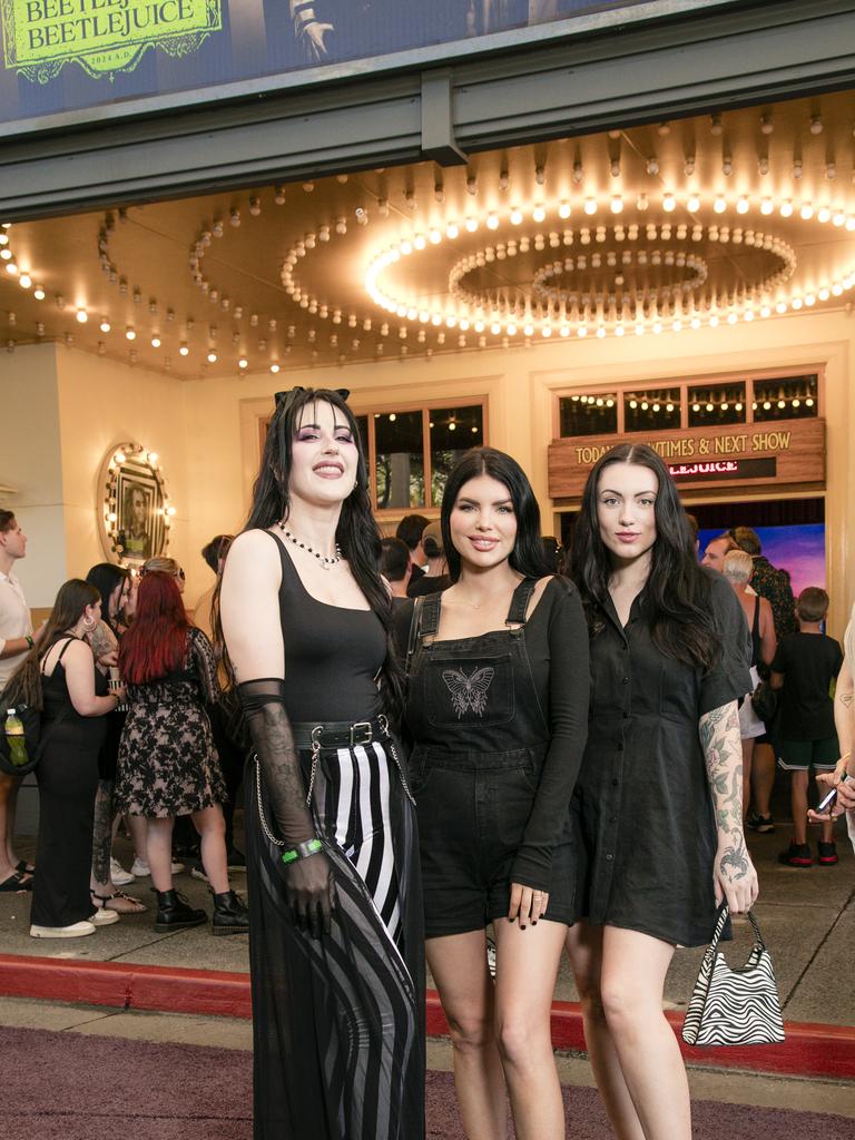 Sam Wilson, Nicole Thorne,and Jade White on the Green Carpet for the Queensland Premiere of Ã&#146;BeetlejuiceÃ&#147; at Warner Brothers Movie World on the Gold Coast. Picture: Glenn Campbell