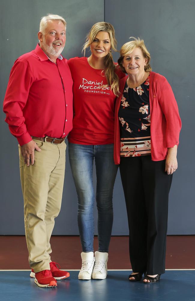 Sophie Monk is now the Daniel Morcombe Foundation Ambassador and joined Bruce and Denise Morcombe at a school presentation at West End State School. Picture: Mark Cranitch