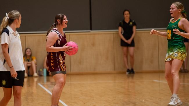 Tracy Village Falcons against the Pints Dragons in the 2023 Darwin Netball under-15 Div 2 grand final. Picture: Pema Tamang Pakhrin