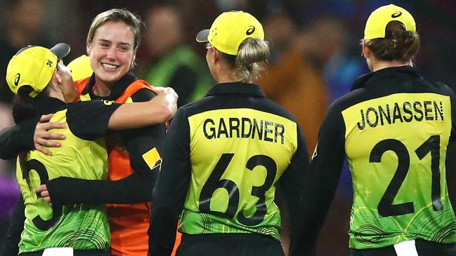 Ellyse Perry celebrates with teammates after Australia’s win over South Africa. Picture: Getty Images