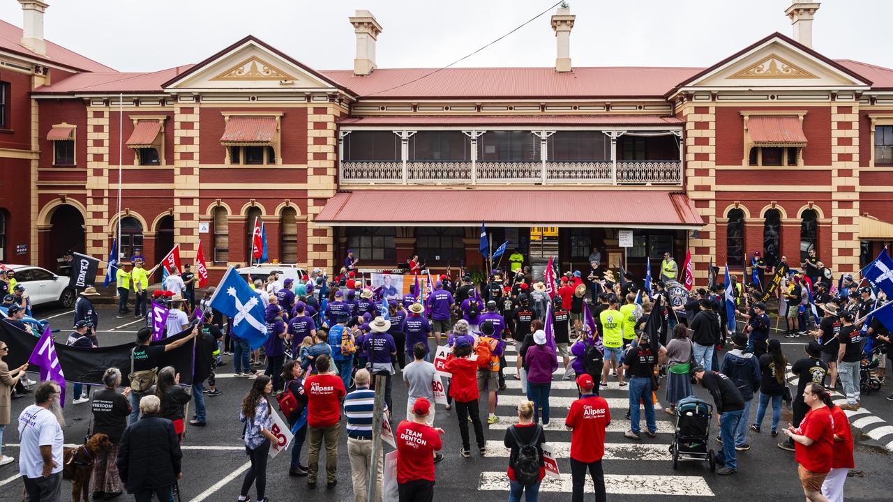 Labour Day 2022 Toowoomba march attendees listen to speeches, Saturday, April 30, 2022. Picture: Kevin Farmer