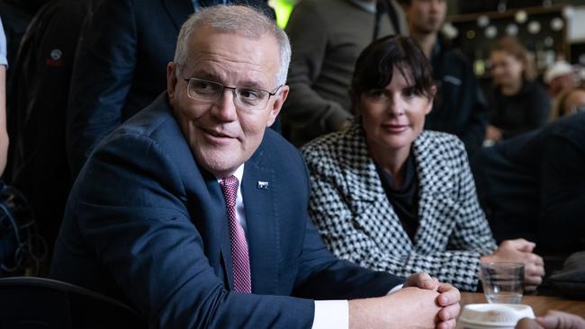 Scott Morrison visits Jasmine Greens Park Kiosk in Umina in the seat of Robertson on the NSW Central Coast on Wednesday. The Coalition is poised to lose the seat. Picture: Jason Edwards