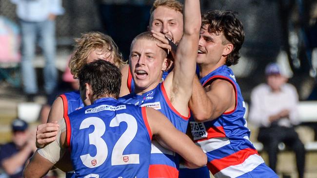 Adam Deakin celebrates a goal for Central District. Picture: Brenton Edwards