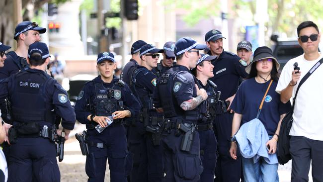 NSW police pictured before the protest begins. Protesters gather at Hyde Park in Sydney's CBD to demand an end to the ongoing war and Israel's current occupation of Gaza, and the escalating Israel-Lebanon conflict. Picture: NewsWire / Damian Shaw