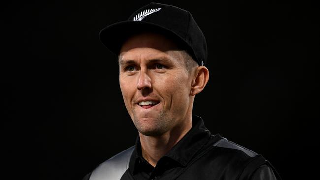 CHRISTCHURCH, NEW ZEALAND - OCTOBER 09: Trent Boult of New Zealand looks on during game three of the T20 International series between New Zealand and Bangladesh at Hagley Oval on October 09, 2022 in Christchurch, New Zealand. (Photo by Joe Allison/Getty Images)