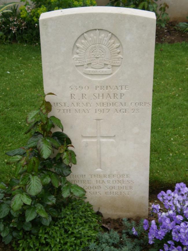 Richard Sharp’s grave in the Vaulx Australian Field Ambulance Cemetery, France. Picture: A. HOWARD &amp; K. BLACK