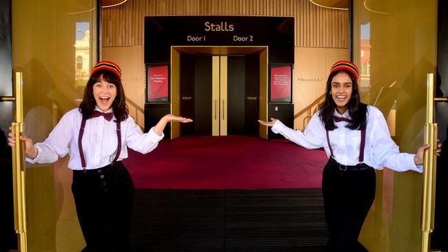 Britt Plumber and Shabana Azeez prepare to welcome people to Her Majesty's Theatre for guided tours of the newly renovated venue. Photo: Sam Wundke