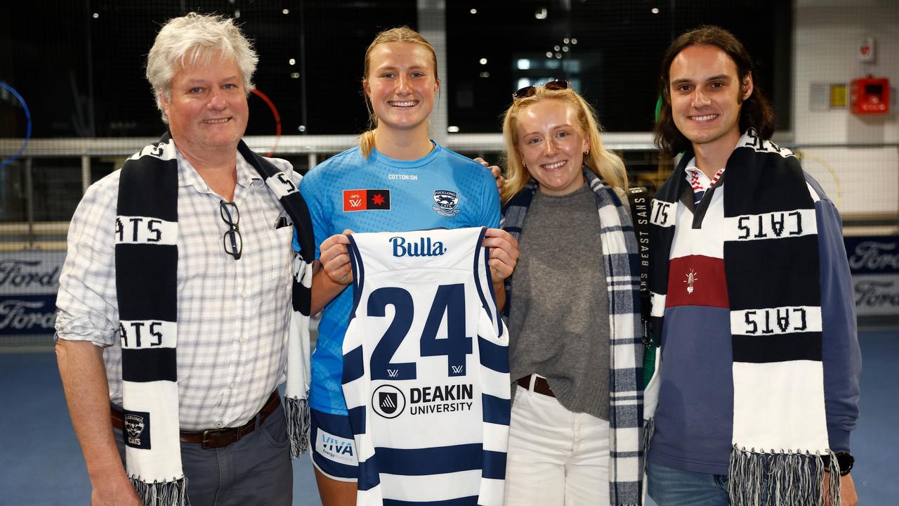 Geelong’s Chantal Mason poses with family ahead of her first AFLW game. Picture: Michael Willson/AFL Photos via Getty Images