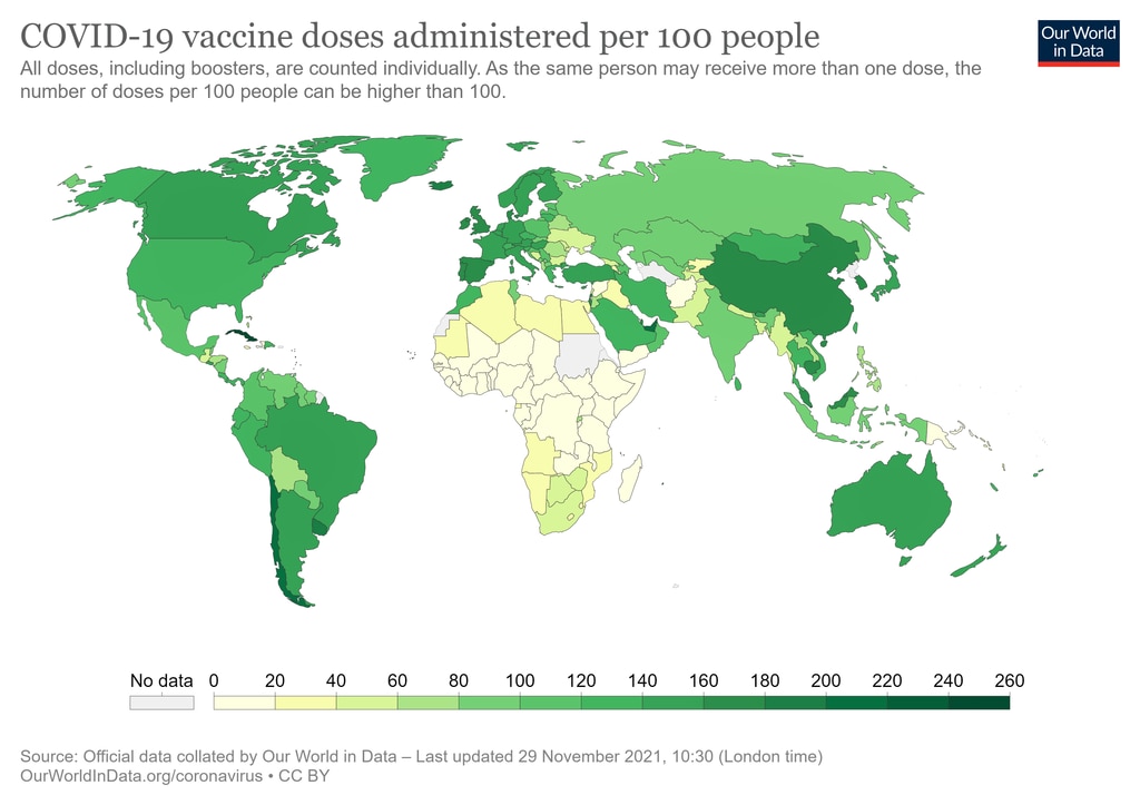 Africa's vaccination rate is far below that of the almost the entire rest of the world as is vividly show in this map. Picture: Our World in Data.