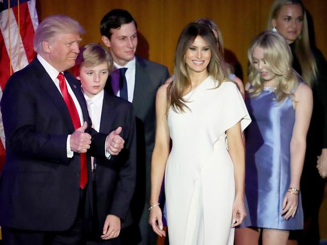 Donald Trump during his election night in 2016 with son (L-R) Barron Trump, wife Melania Trump, Jared Kushner and Tiffany. Picture: AFP/Getty