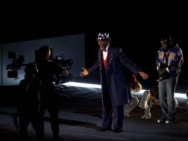 Samuel Jackson and Kendrick Lamar are seen onstage during the Super Bowl LIX Halftime Show at Caesars Superdome. Picture: Getty Images