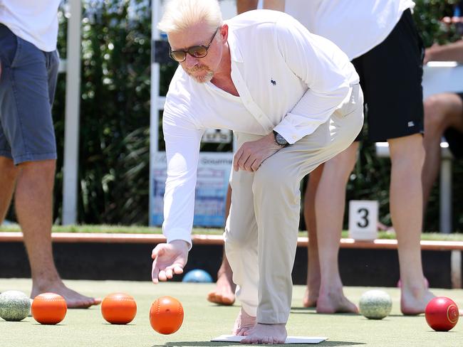 Boris Becker plays bare foot bowls. Picture: Liam Kidston