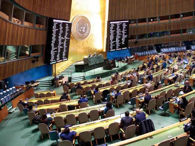 A screen show the vote results from the resolution ‘Peaceful settlement of the question of Palestine’ at the General Assembly 46th plenary meeting at UN headquarters in New York. Picture: AFP