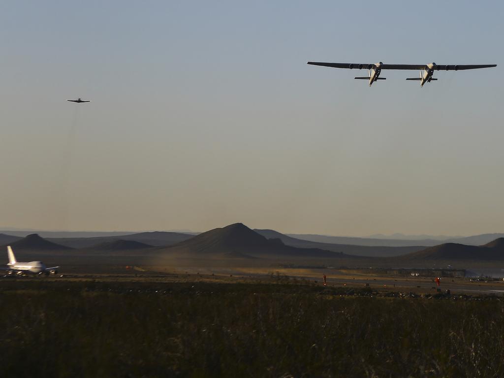 Stratolaunch, a giant six-engine aircraft with the world’s longest wingspan, makes its historic first flight from the Mojave Air and Space Port in Mojave, California. Picture: AP