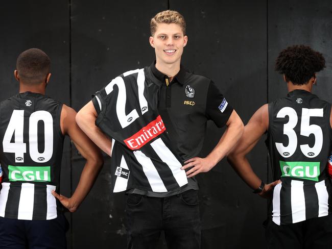 Collingwood's three draftees Will Kelly will wear number 27, Isaac Quaynor will wear number 35 and Atu Bosenavulagi  will wear number 40 next year.   . Pic: Michael Klein