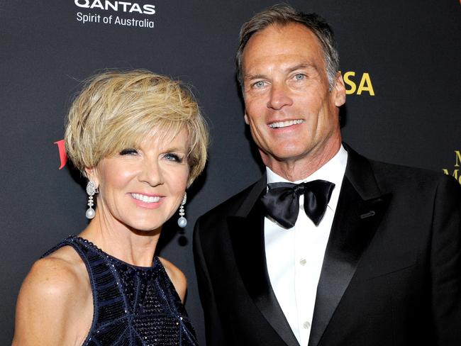 Australia's Foreign Minister Julie Bishop and David Panton attend the 2017 G'Day Black Tie Gala at Governors Ballroom  in Hollywood, California. Picture: Getty